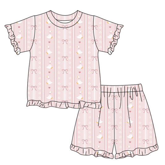 (Pre Order) No moq GSSO3330Baby Girls Bow Goose Stripe Top with Ruffle Shorts Pajamas Clothes Set Cute Infant Outfit Two-Piece Set