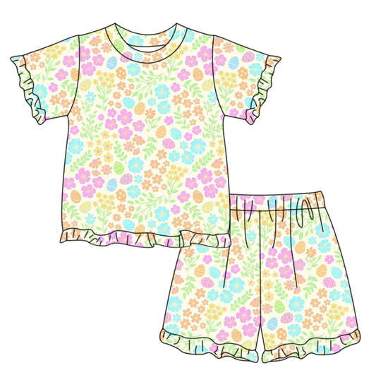 (Pre Order) No moq GSSO3332 Baby Girls Easter Pajamas Set Colorful Flower Eggs Stripe Top with Ruffle