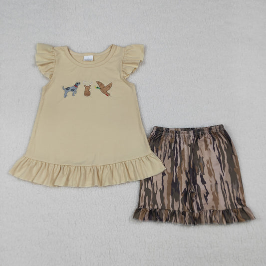 RTS NO MOQ GSSO3335 Baby Girls Hunting Embroidery Tunic And Olive Camo Shorts Set with Dog Ducks Deer