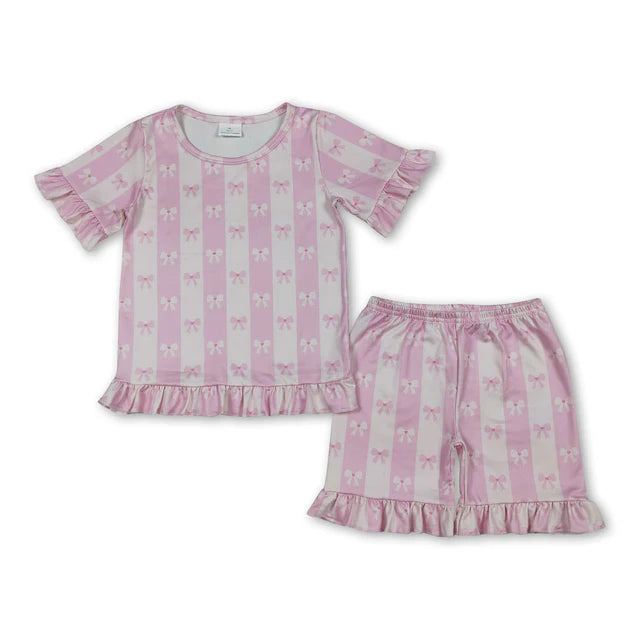 RTS NO MOQ Sibling milk silk Baby Girls Cute Flower Top Ruffle Shorts Pajama Outfit