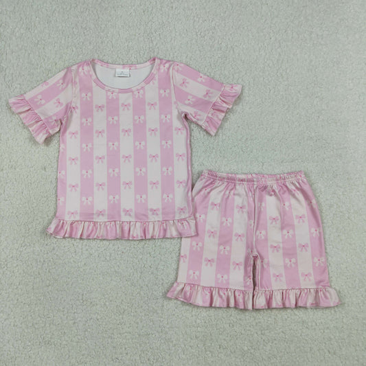 RTS NO MOQ GSSO3341 Baby Girls Short Sleeve Top with Pink Bows Stripe Ruffle Shorts Outfit Set for Little Girls