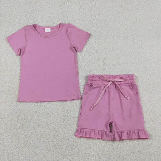 RTS NO MOQ cotton GSSO3348 Baby Girls Cute Pink Pocket Short Sleeve Shirt Ruffle Shorts Outfit