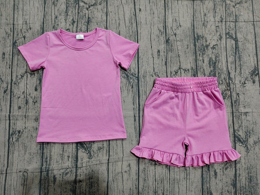 (Pre Order) No moq GSSO3348 Baby Girls Cute Sweet Pink Short Sleeve Top Ruffle Hem Two Piece Set