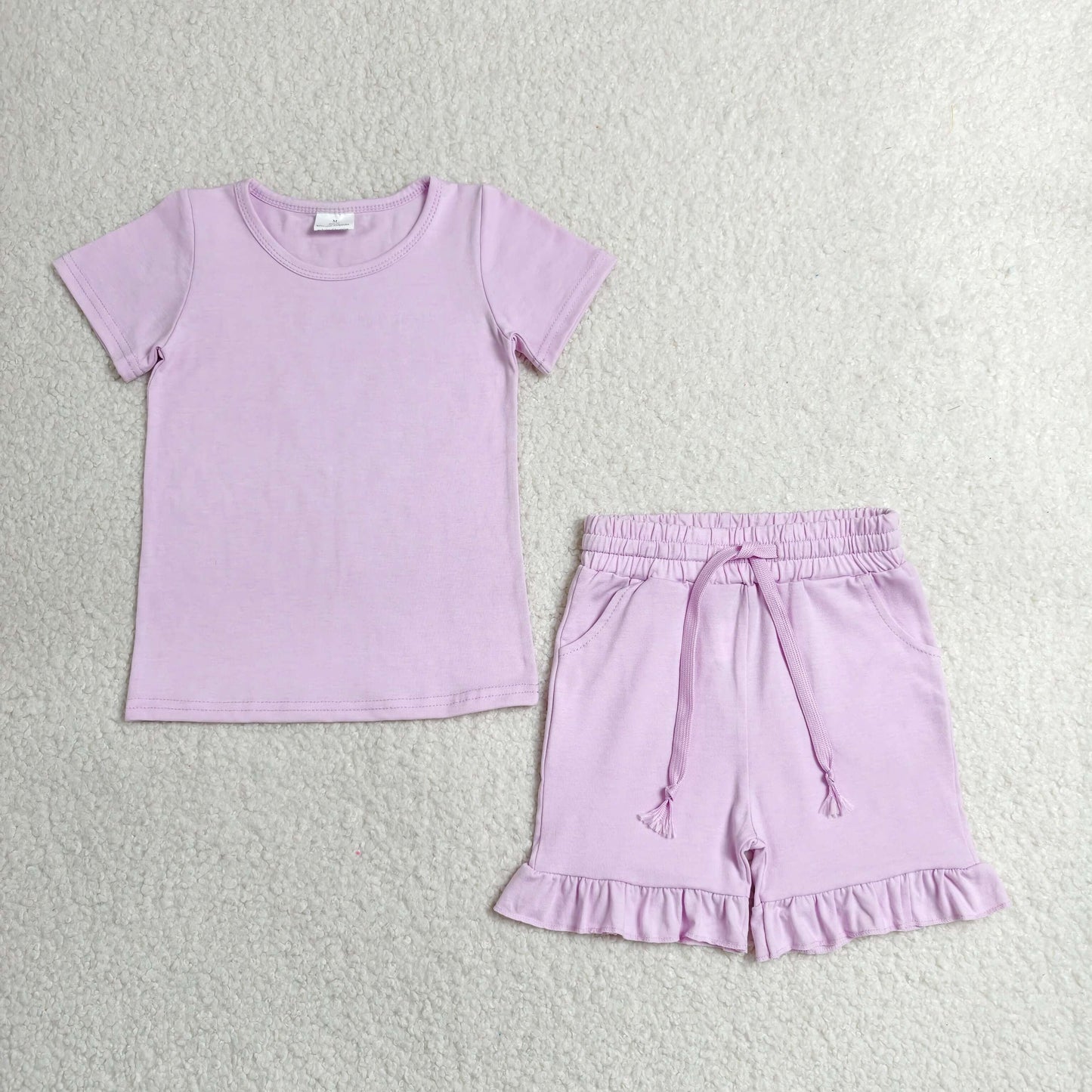 RTS NO MOQ cotton GSSO3350 Baby Girls Solid Light Pink Short Sleeve Pocket Top Ruffle Trim Shorts Sets