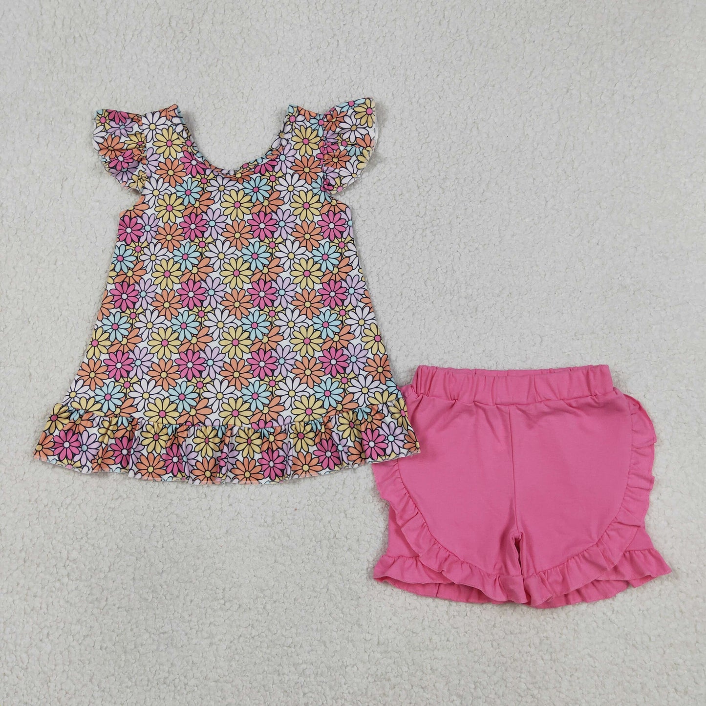 RTS NO MOQ Sibling Baby Girls Colorful Daisy Print Back Bow Tunic Ruffle Shorts Set Ruffle Rompers