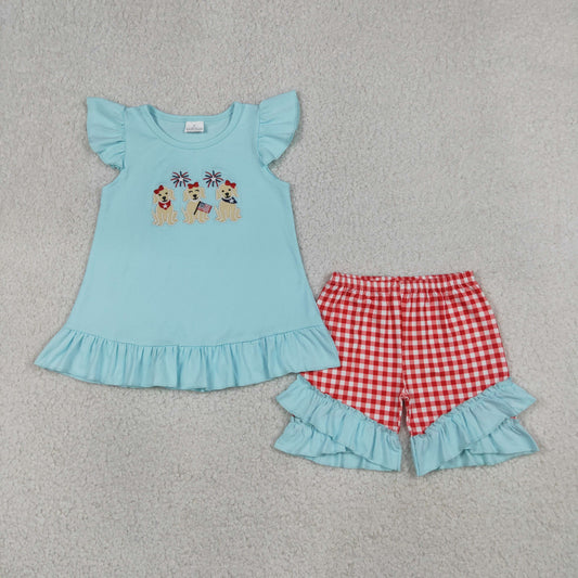 RTS NO MOQ milk silk GSSO3356 Embroidery Baby Girls Cute Flag Dogs Tunic Ruffle Checked Shorts Set 4th of July  Clothes