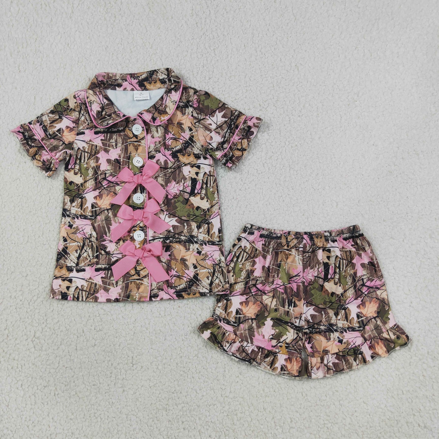 RTS NO MOQ Sibling milk silk Baby Girls Camo Print Bow Button Front Short Sleeve Top Ruffle Hem Shorts Summer Sleep Pajamas Set