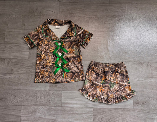 (Sample) No moq milk silk GSSO3365 Baby Girls Casual Leaf Camo Print Button Top Elastic Waist Ruffle Shorts Hunting Pajama Outfits