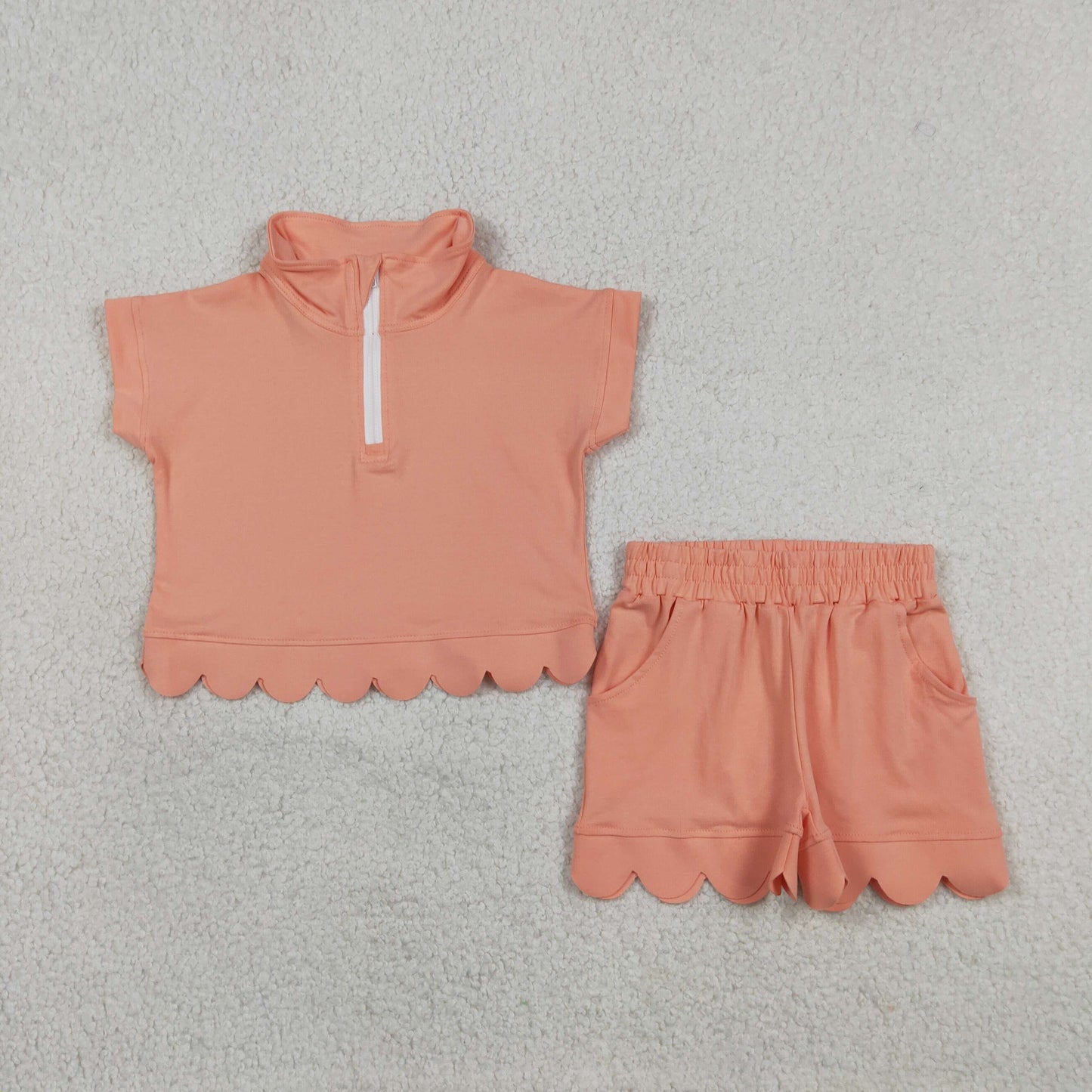 RTS NO MOQ cotton GSSO3374 Baby Girls Peach Pocket Zipper Pullover Scallop Two Piece Set