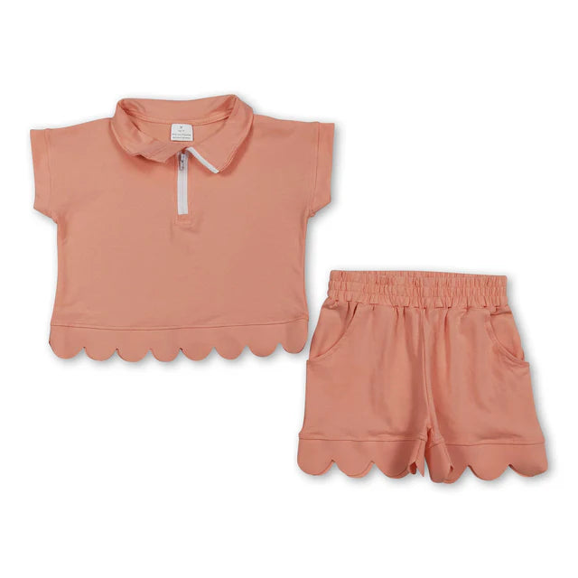 RTS NO MOQ Sibling milk silk Sibling Baby Girls Short Sleeve Zip Pullovers Top Pockets Short Scallop Clothes Sets
