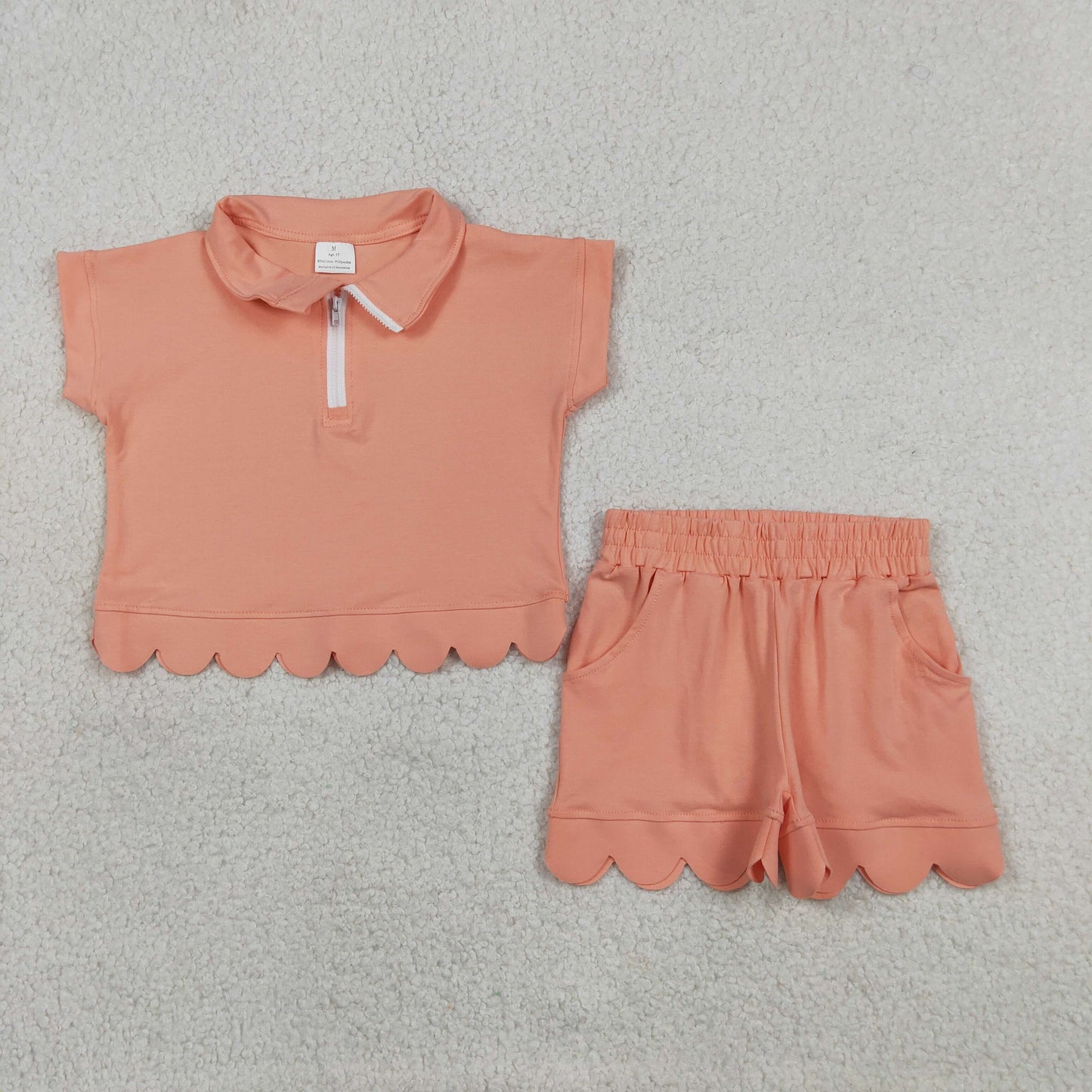 RTS NO MOQ Sibling cotton Baby Girls Zipper Pullover Top Scallop Pocket Short Outfit Set