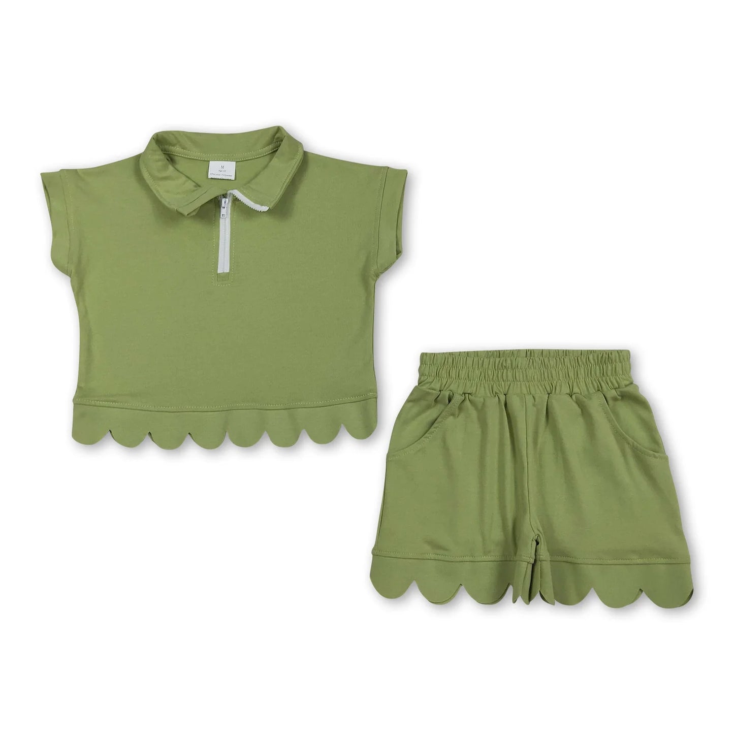 RTS NO MOQ Sibling milk silk Baby Girls Zip Front Pocket Top Scallop Edge Shorts Clothes Set