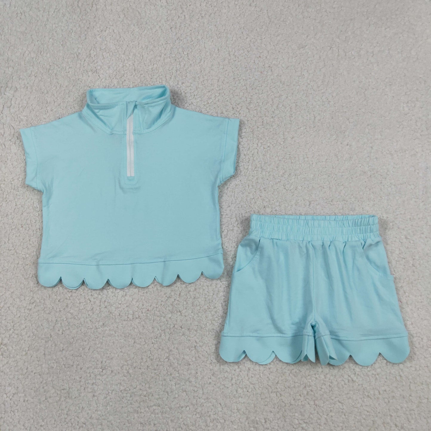 RTS NO MOQ cotton GSSO3376 Baby Girls Blue Zip Pullover Top With Pockets Short Scallop Clothes Set
