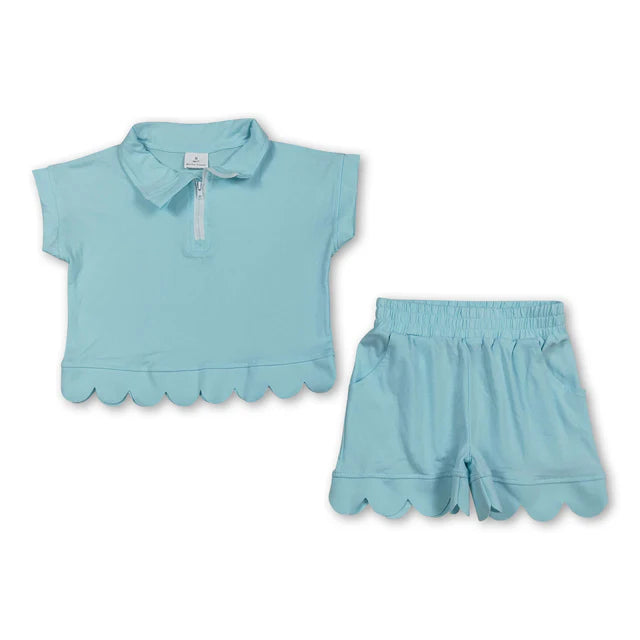 RTS NO MOQ Sibling milk silk Sibling Baby Girls Short Sleeve Zip Pullovers Top Pockets Short Scallop Clothes Sets