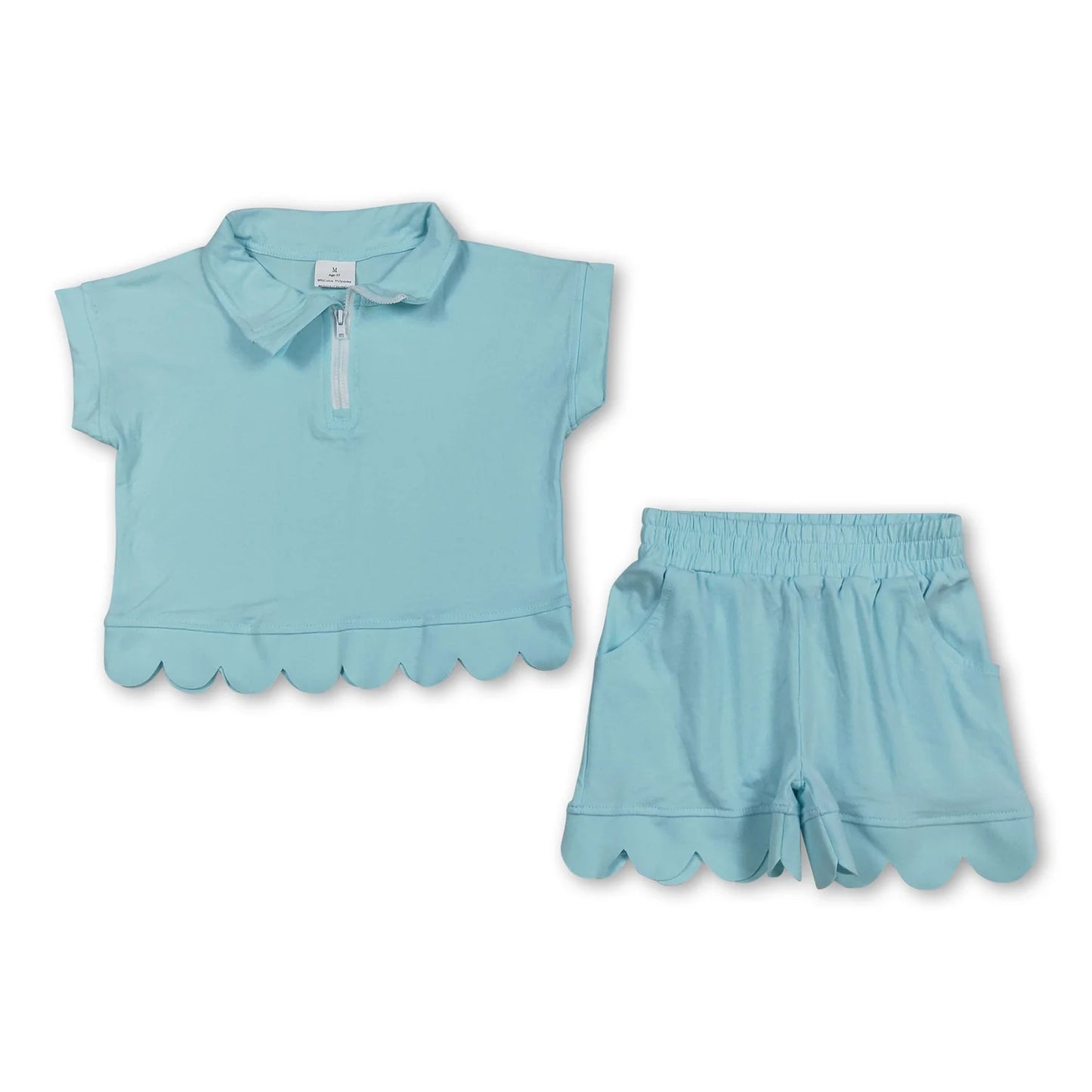 RTS NO MOQ Sibling milk silk Baby Girls Zip Front Pocket Top Scallop Edge Shorts Clothes Set