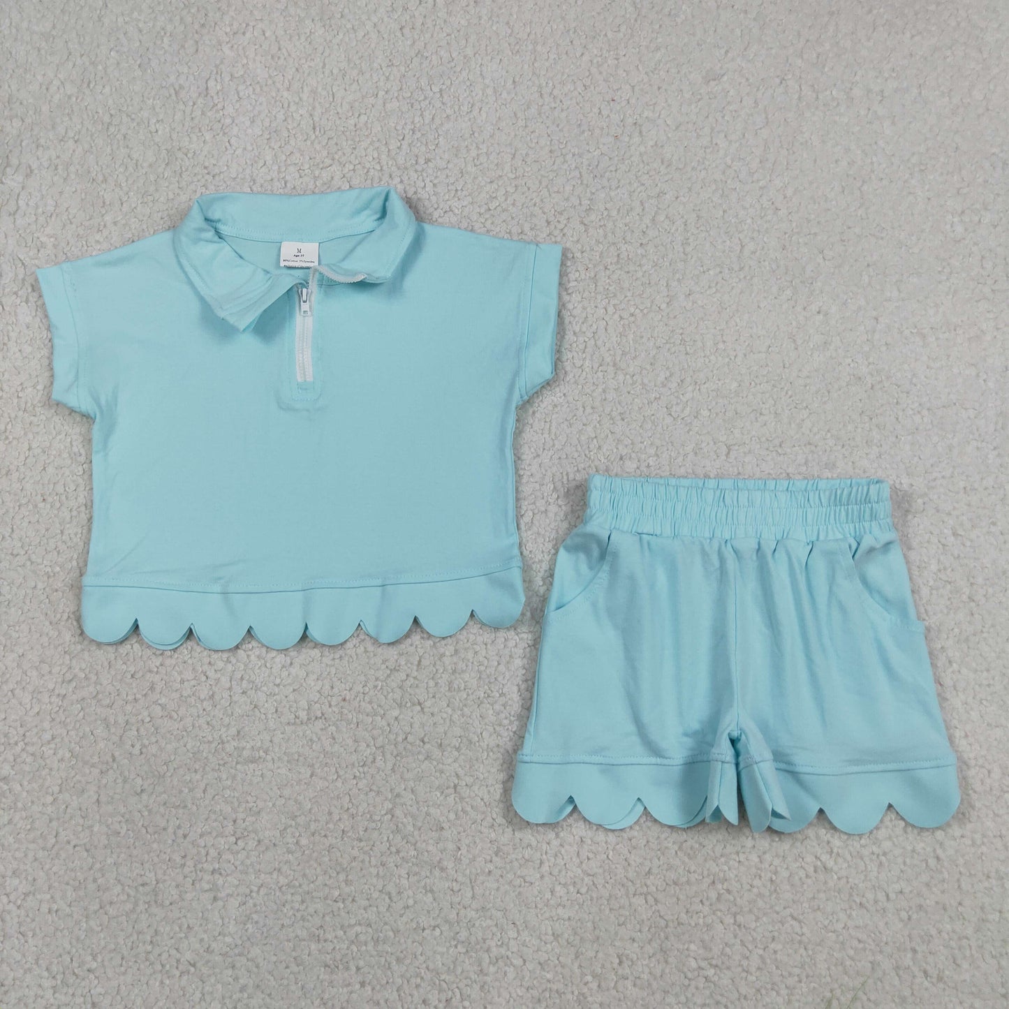 RTS NO MOQ cotton GSSO3376 Baby Girls Blue Zip Pullover Top With Pockets Short Scallop Clothes Set