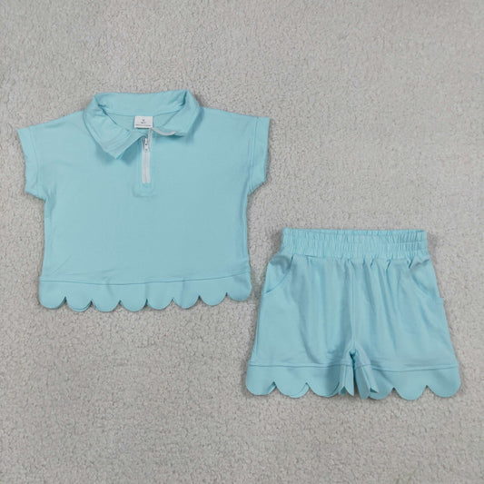 RTS NO MOQ cotton GSSO3376 Baby Girls Blue Zip Pullover Top With Pockets Short Scallop Clothes Set