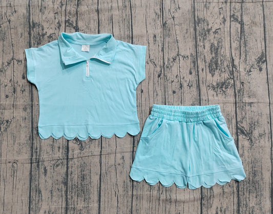 (Pre Order) No moq GSSO3376 Kids Girls Fashion Blue Plaid Scallop Trim Short Sleeve Set