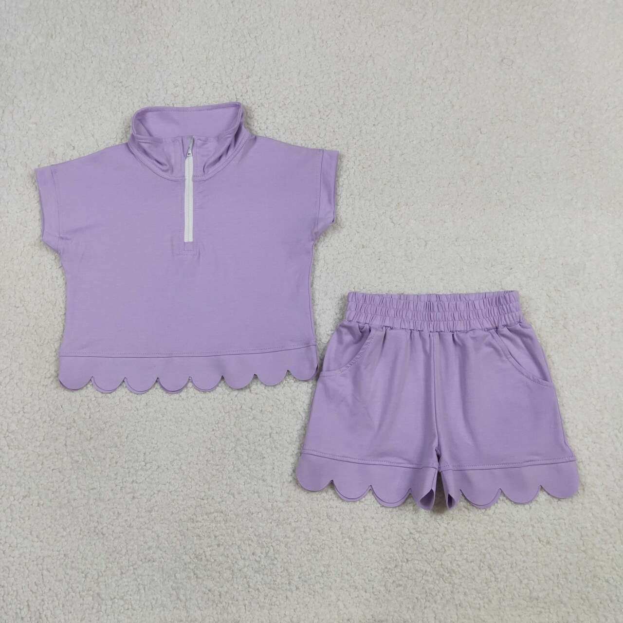 RTS NO MOQ cotton GSSO3377 Toddler Girls Lavender Zip Up Top Checked Scallop Shorts Two Piece Set