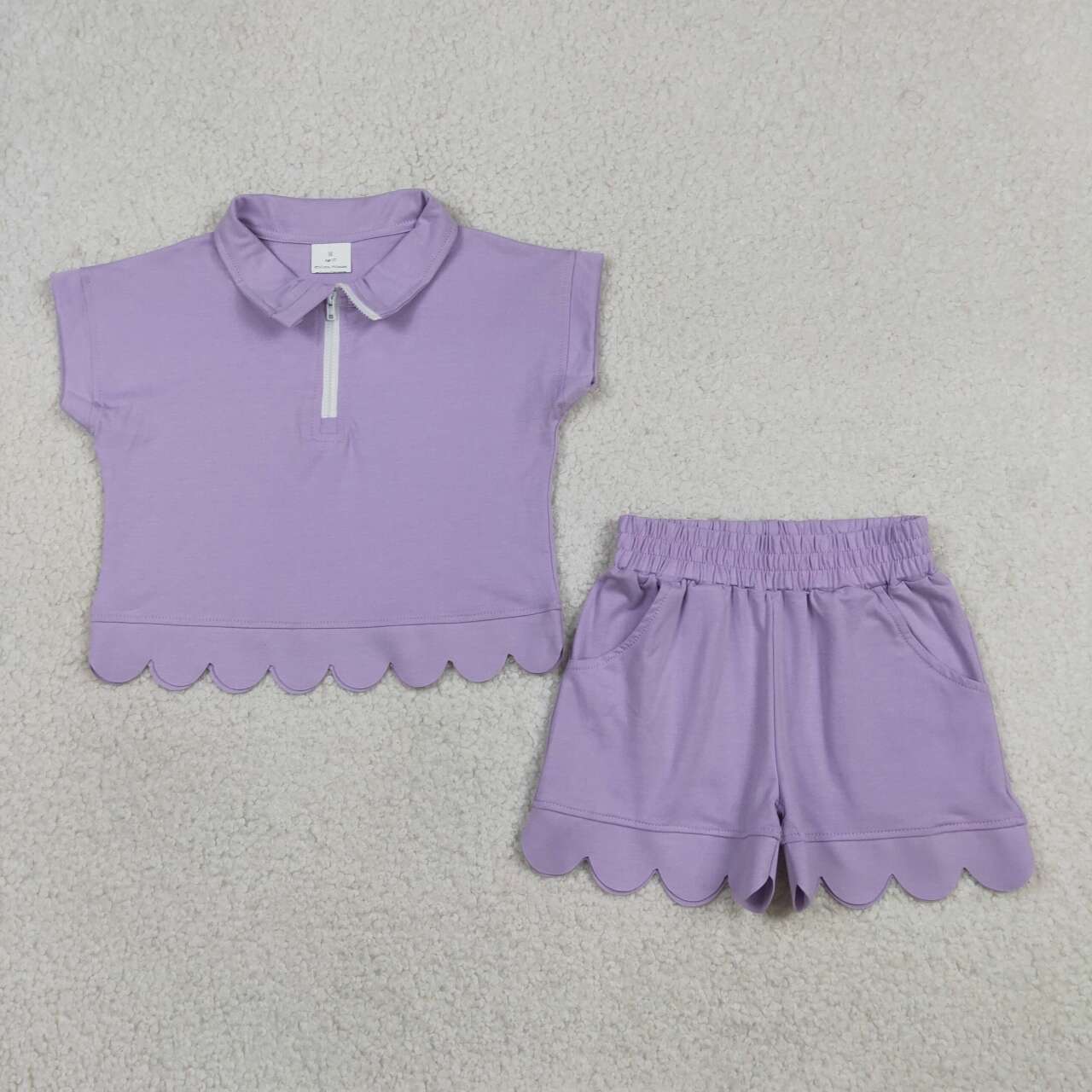 RTS NO MOQ cotton GSSO3377 Toddler Girls Lavender Zip Up Top Checked Scallop Shorts Two Piece Set