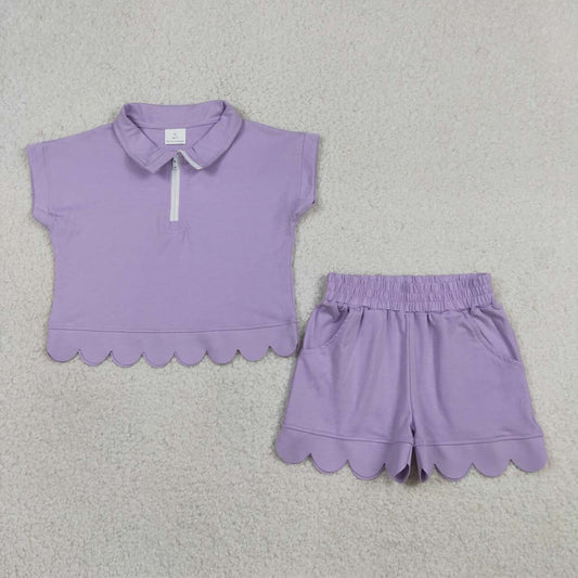 RTS NO MOQ cotton GSSO3377 Toddler Girls Lavender Zip Up Top Checked Scallop Shorts Two Piece Set