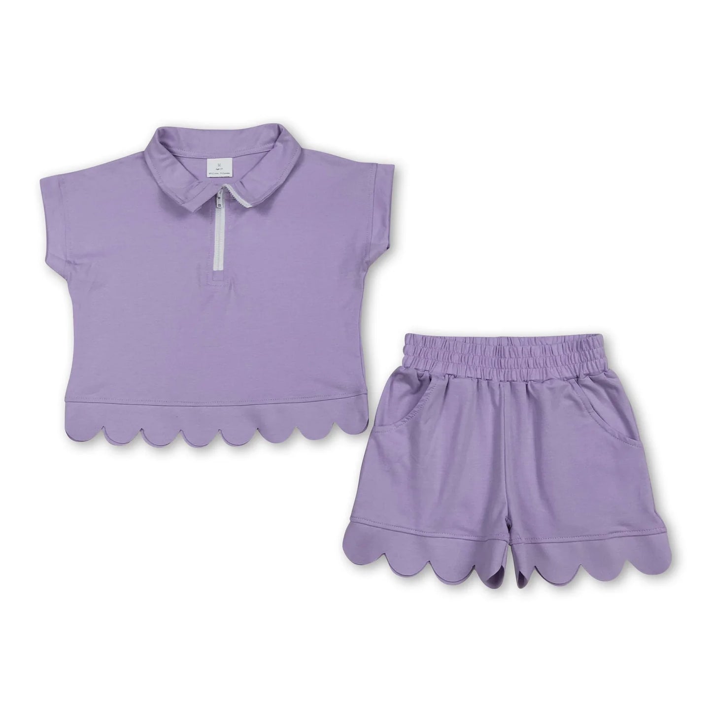 RTS NO MOQ Sibling milk silk Baby Girls Zip Front Pocket Top Scallop Edge Shorts Clothes Set
