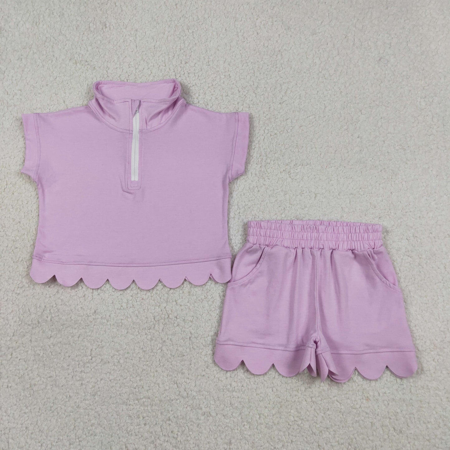 RTS NO MOQ cotton GSSO3378 Baby Girls Pink Zipper Pullover Checked Scallop Pocket Clothes Set