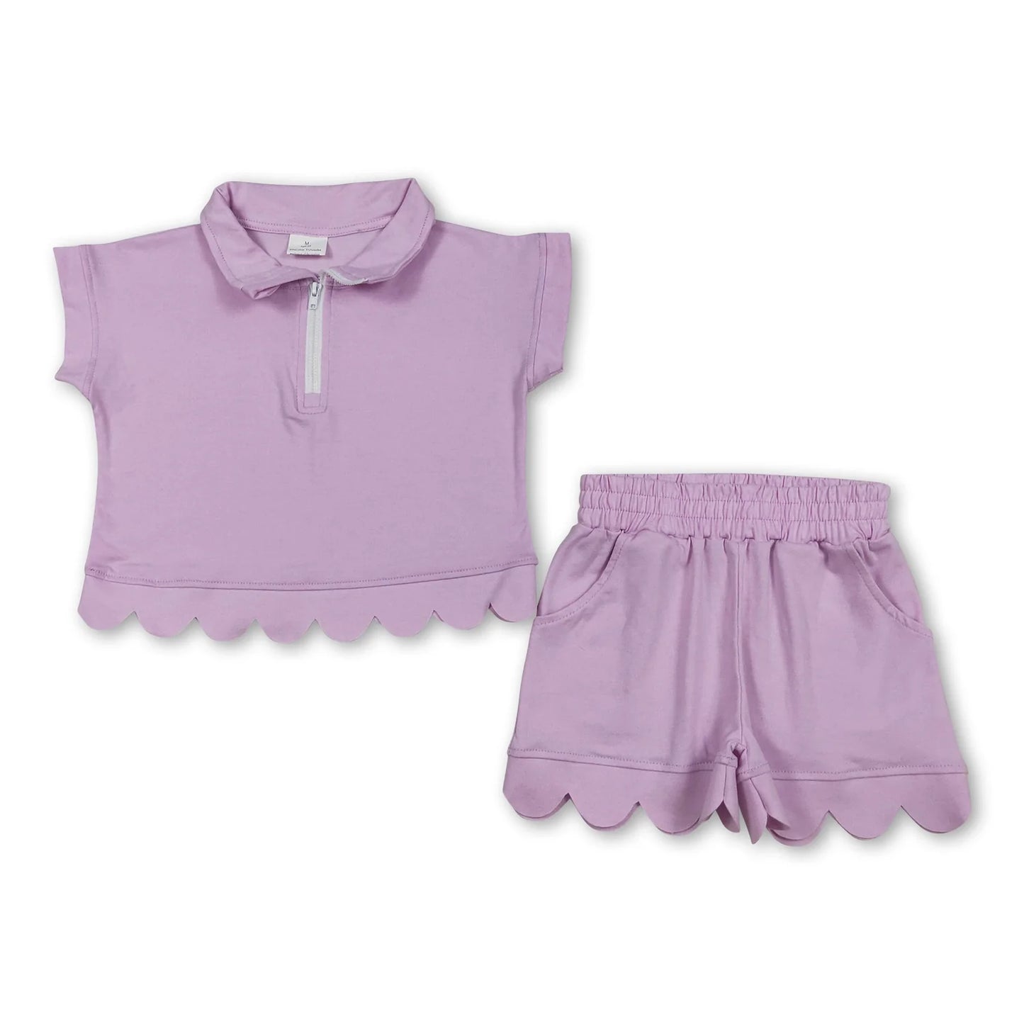 RTS NO MOQ Sibling milk silk Baby Girls Zip Front Pocket Top Scallop Edge Shorts Clothes Set