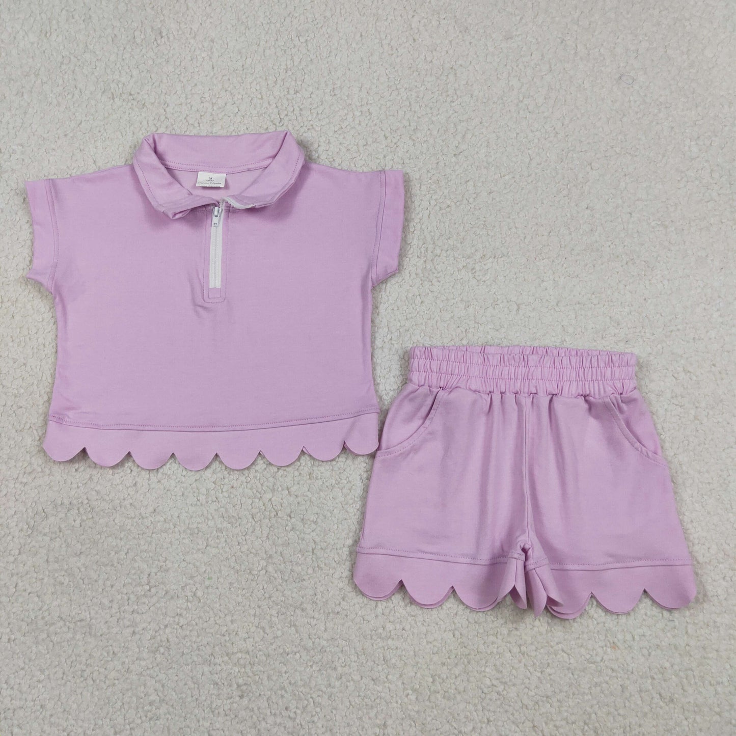 RTS NO MOQ Sibling cotton Baby Girls Zipper Pullover Top Scallop Pocket Short Outfit Set