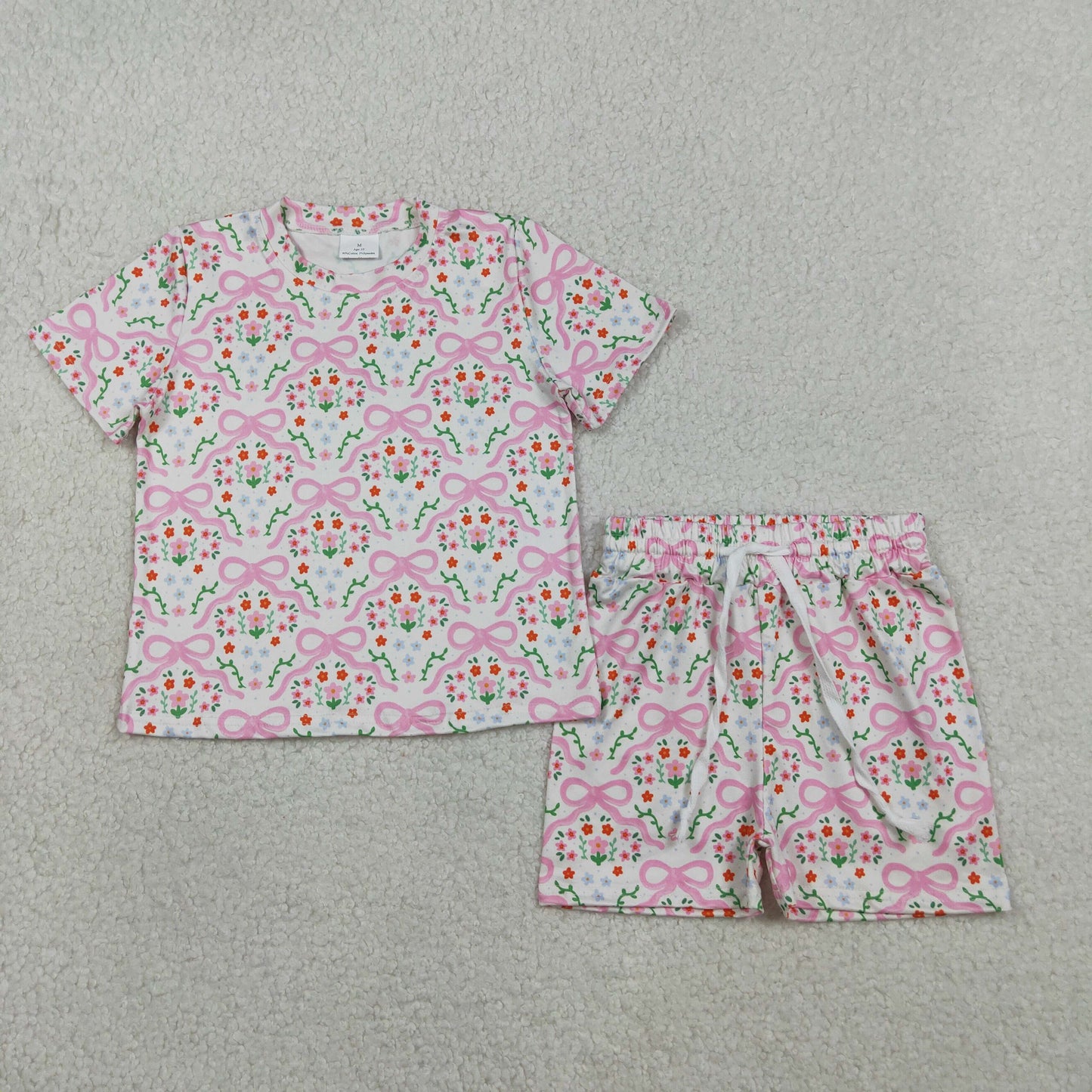 RTS NO MOQ Baby Girls Short Sleeve Bows Flowers Checked Top Shorts Slouchy Set