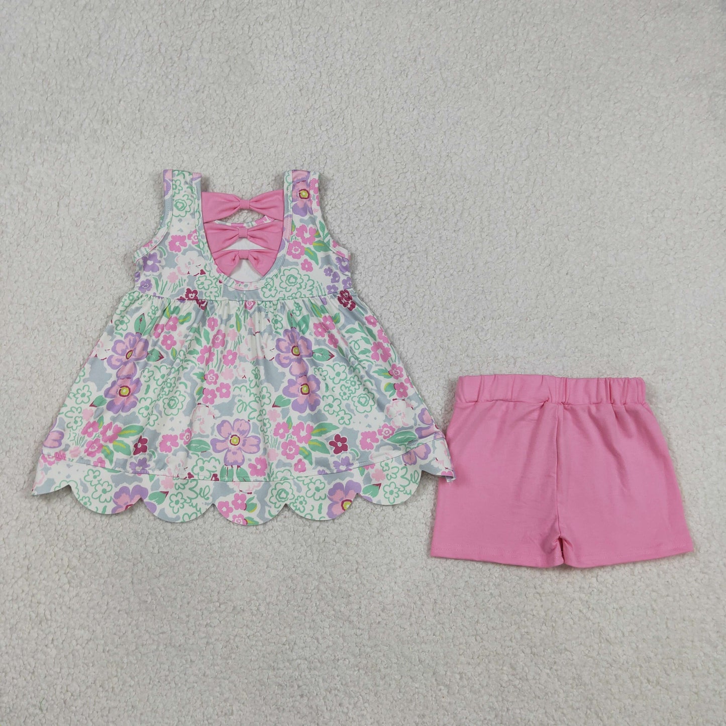 RTS NO MOQ milk silk GSSO3385 Baby Girls Sleeveless Colorful Flowers Scallop Loose Tunic Shorts Set