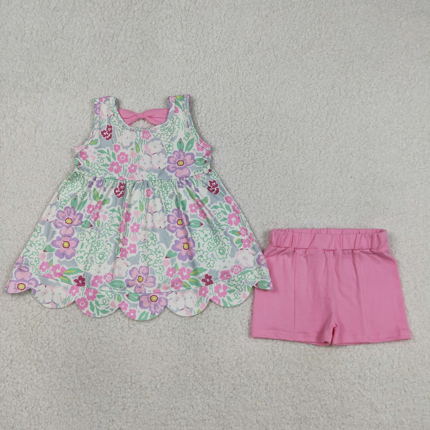 RTS NO MOQ milk silk GSSO3385 Baby Girls Sleeveless Colorful Flowers Scallop Loose Tunic Shorts Set
