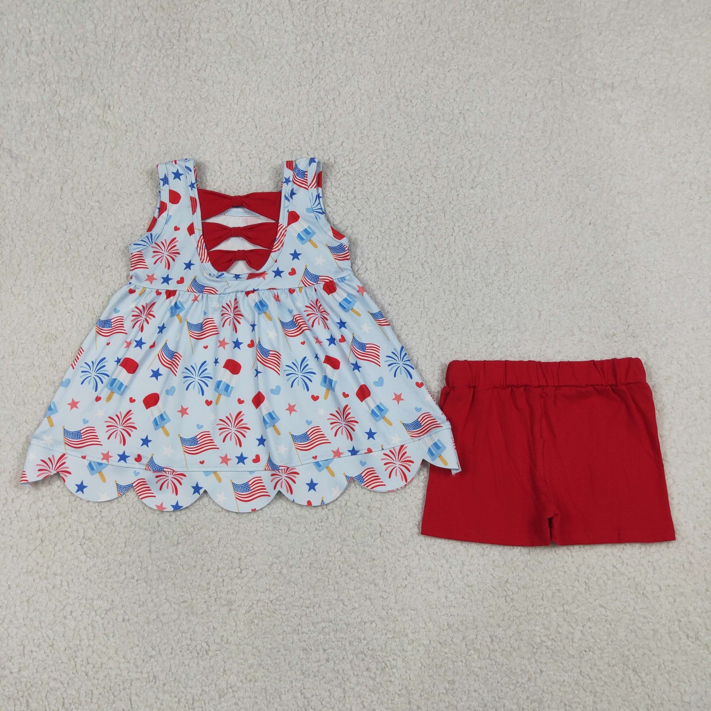RTS NO MOQ milk silk GSSO3386 Baby Girls 4th of July Popsicle Flag Scallop Back Bow Set