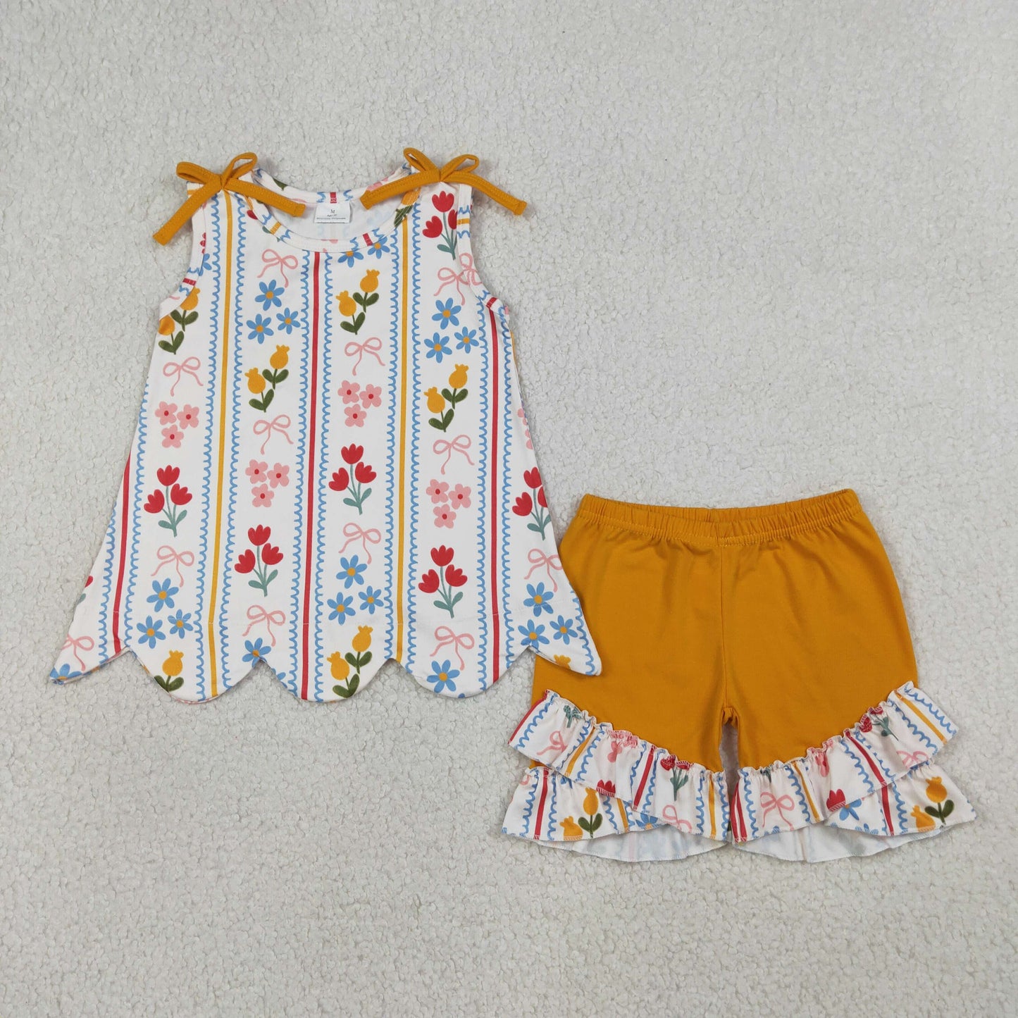 RTS NO MOQ GSSO3388 Baby Girls Bows And Flowers Stripe Scallop Tunic with Ruffle Shorts Cute Outfit Set for Little Ones