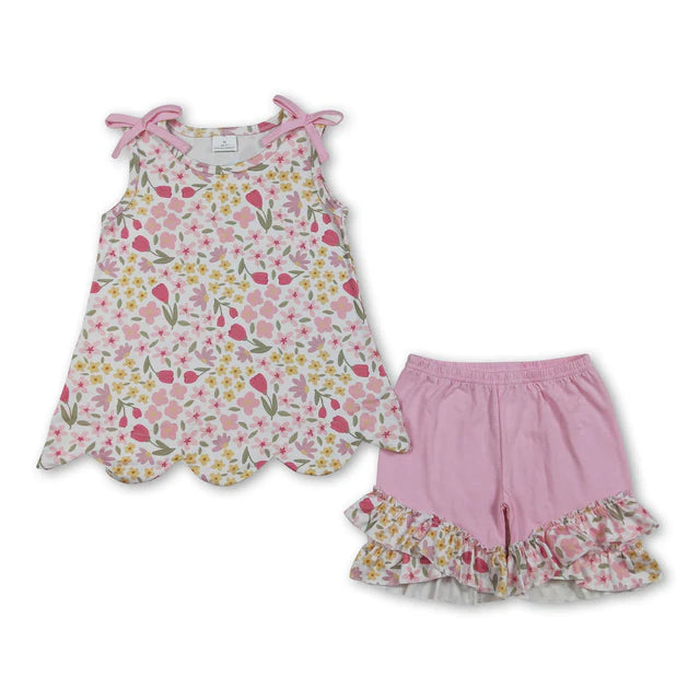 RTS NO MOQ Milk Silk Sibling Baby Girls Colorful Flowers Scallop Tunic Ruffle Short Clothes Sets