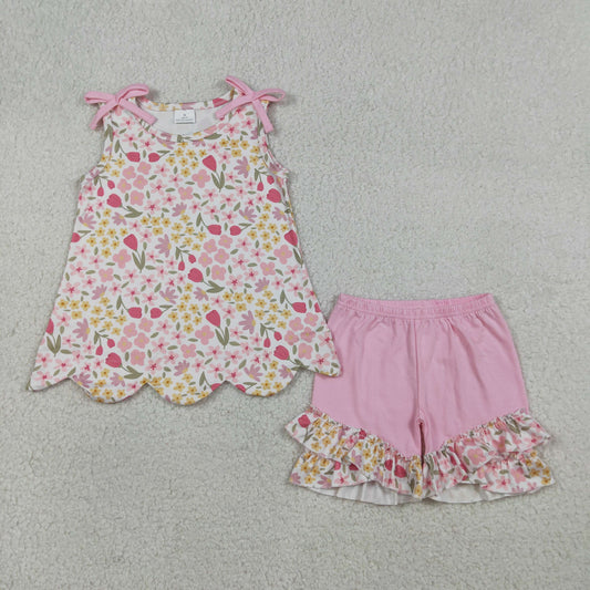 RTS NO MOQ GSSO3389 Baby Girls Colorful Flowers Scallop Tunic Ruffle Shorts Outfit Set Cute Baby Girl Clothing Set