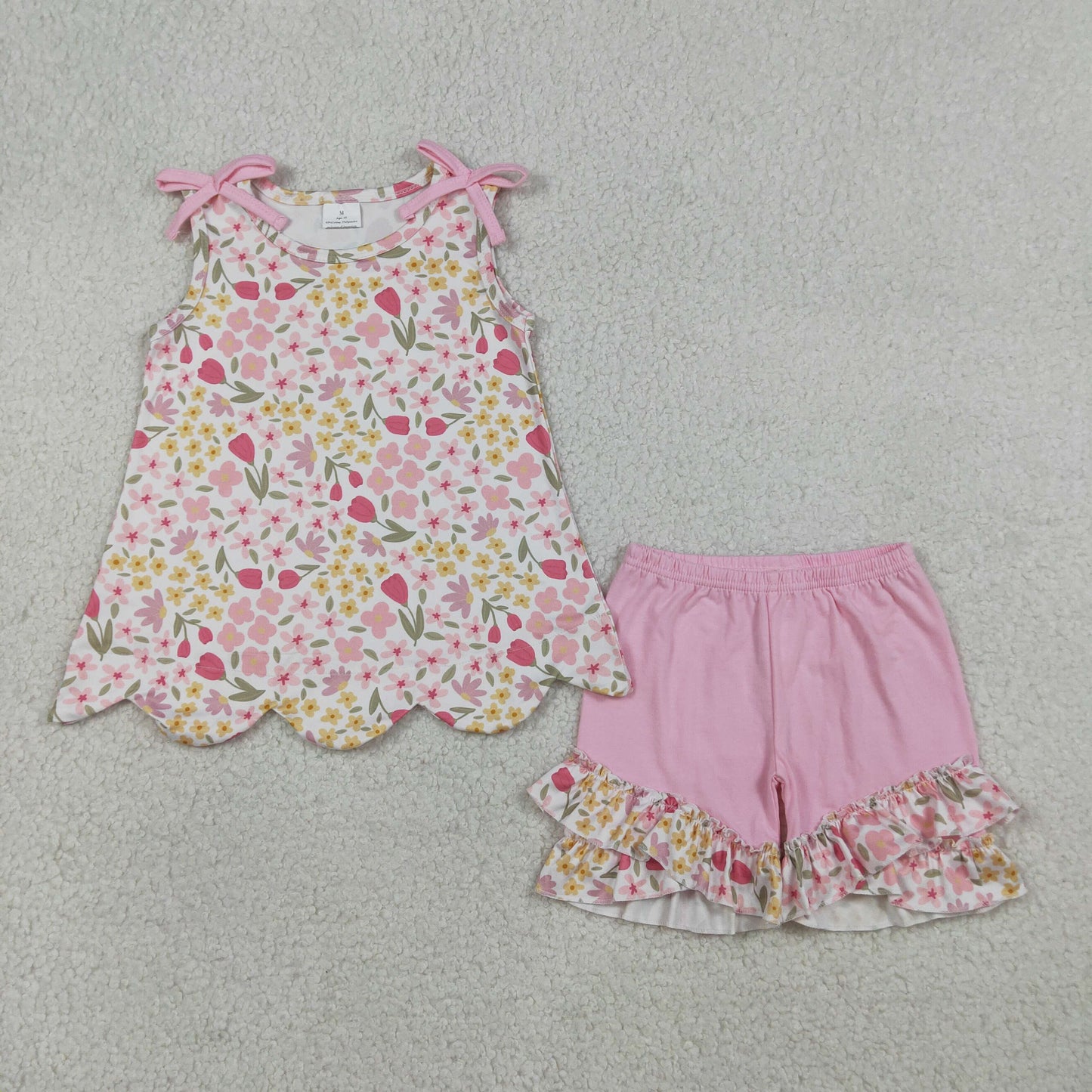 RTS NO MOQ Sibling Baby Girls Bows And Flowers Stripe Scallop Tunic with Ruffle Shorts Cute Outfit Set for Little Ones