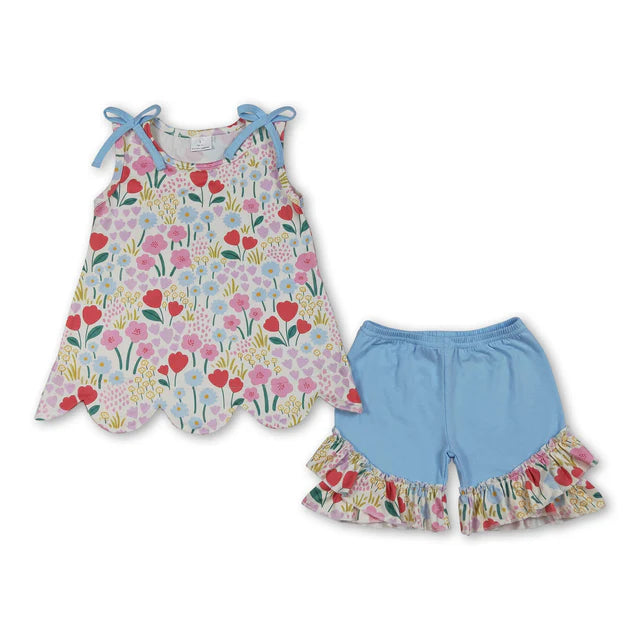 RTS NO MOQ Milk Silk Sibling Baby Girls Colorful Flowers Scallop Tunic Ruffle Short Clothes Sets