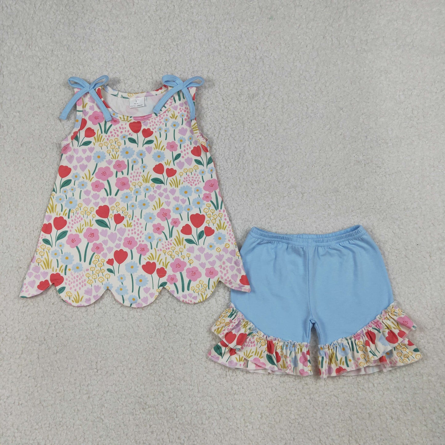 RTS NO MOQ GSSO3390 Baby Girls Sleeveless Colorful Flowers Scallop Tunic Ruffle Shorts Outfit Set Cute Summer Clothing for Infants