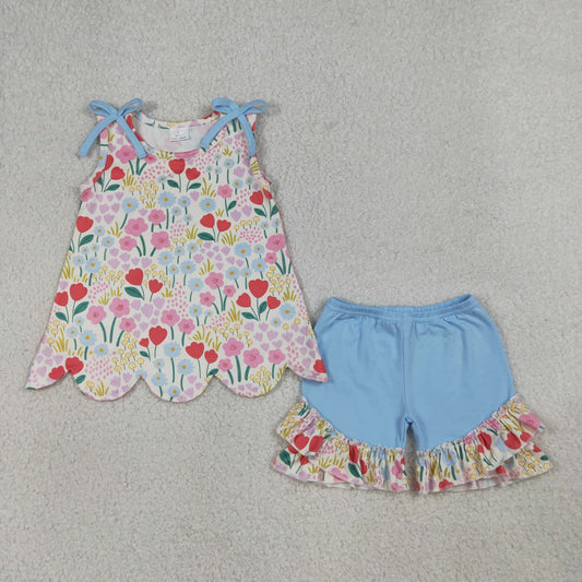RTS NO MOQ GSSO3390 Baby Girls Sleeveless Colorful Flowers Scallop Tunic Ruffle Shorts Outfit Set Cute Summer Clothing for Infants