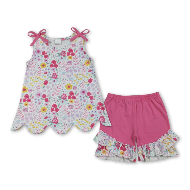RTS NO MOQ Milk Silk Sibling Baby Girls Colorful Flowers Scallop Tunic Ruffle Short Clothes Sets