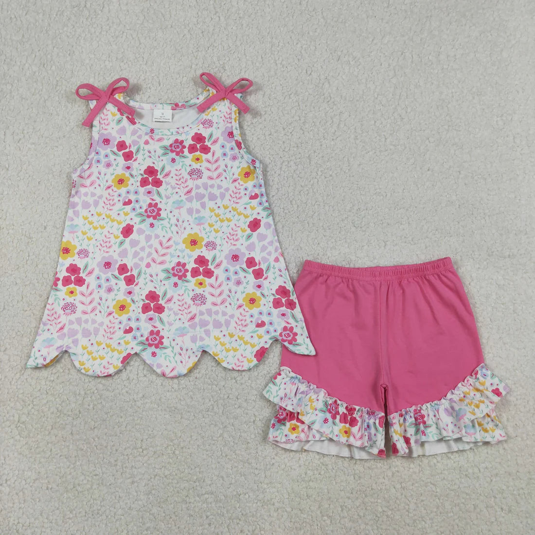 Best Sell RTS Baby Girls Sleeveless Colorful Flowers Tunic Ruffle Shorts Outfit Set Cute Baby Girl Summer Clothing Set
