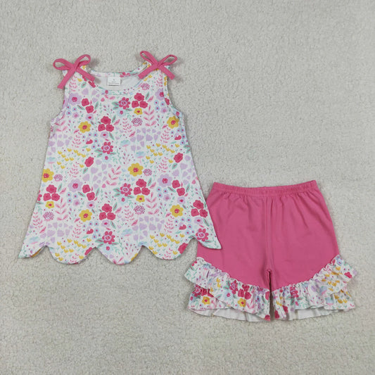 Best Sell RTS Baby Girls Sleeveless Colorful Flowers Tunic Ruffle Shorts Outfit Set Cute Baby Girl Summer Clothing Set