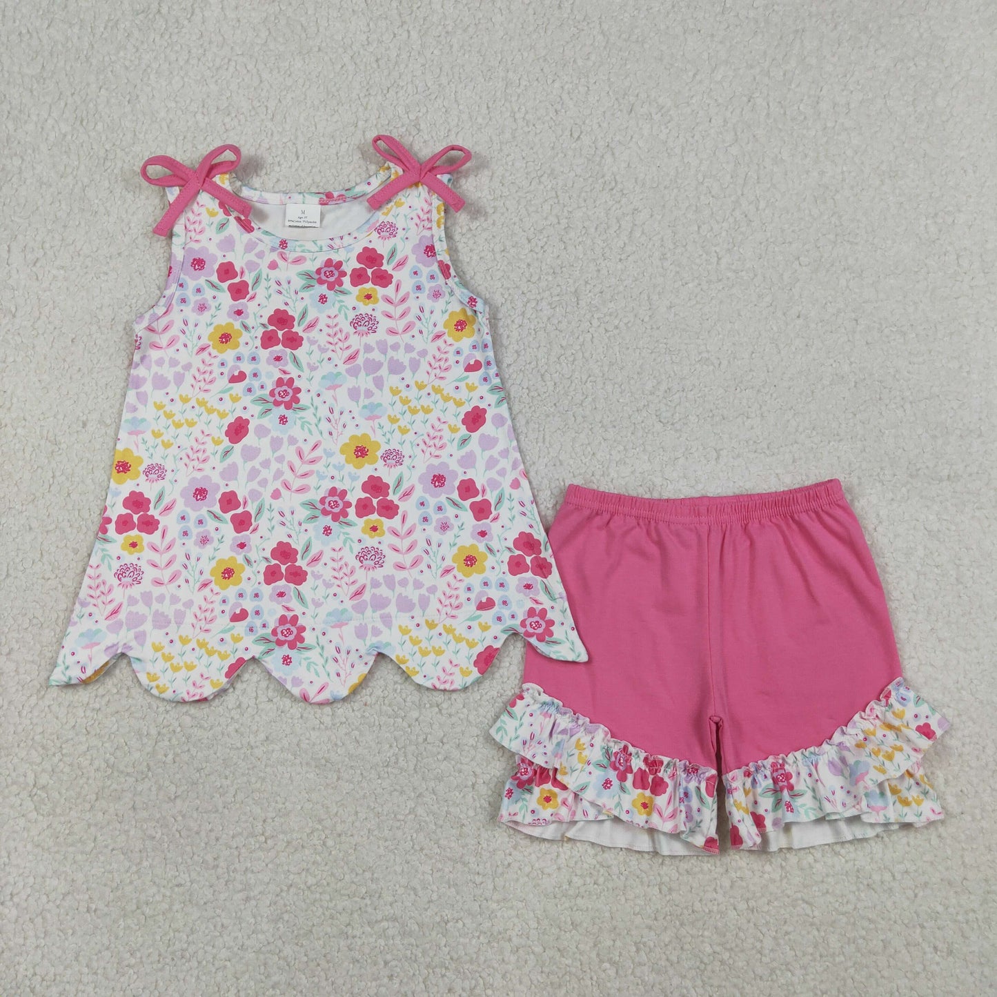 RTS NO MOQ GSSO3391 Baby Girls Sleeveless Colorful Flowers Tunic Ruffle Shorts Outfit Set Cute Baby Girl Summer Clothing Set