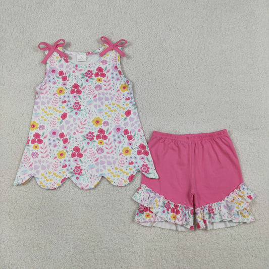 RTS NO MOQ GSSO3391 Baby Girls Sleeveless Colorful Flowers Tunic Ruffle Shorts Outfit Set Cute Baby Girl Summer Clothing Set