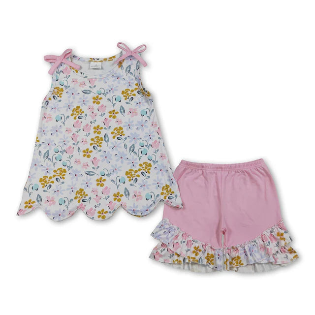 RTS NO MOQ Milk Silk Sibling Baby Girls Colorful Flowers Scallop Tunic Ruffle Short Clothes Sets