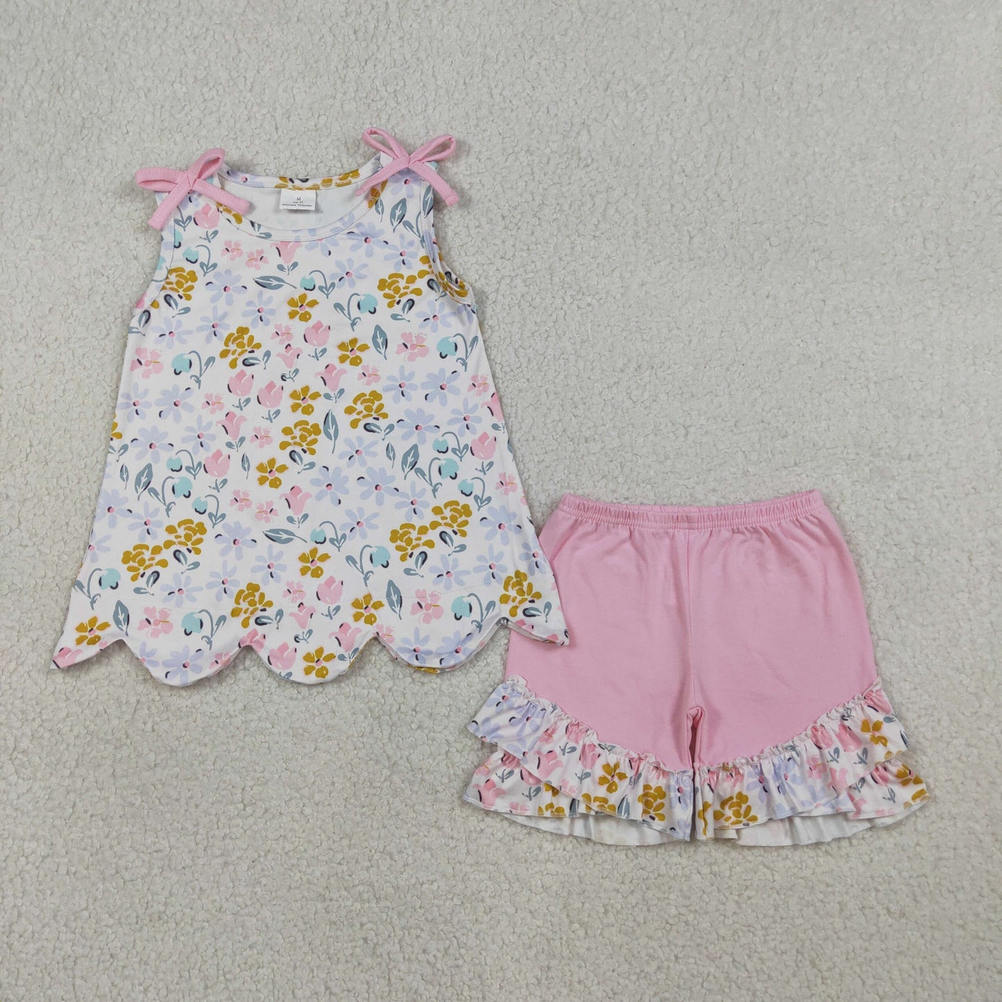 RTS NO MOQ GSSO3392 Baby Girls Flowers Scallop Tunic Ruffle Shorts Outfit Set Cute Baby Girl Clothing Set