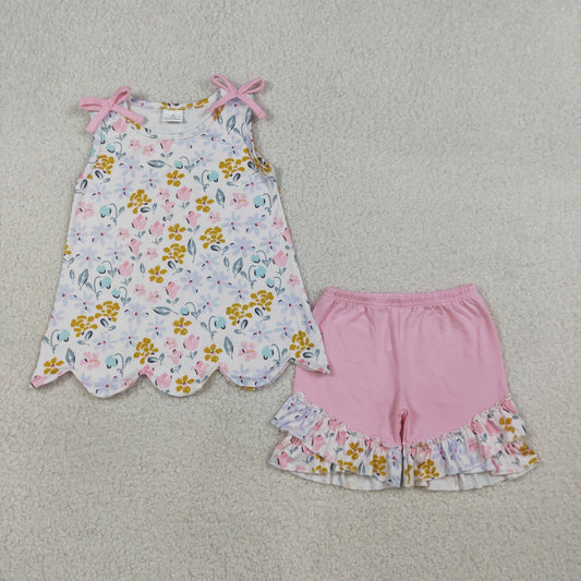 RTS NO MOQ GSSO3392 Baby Girls Flowers Scallop Tunic Ruffle Shorts Outfit Set Cute Baby Girl Clothing Set