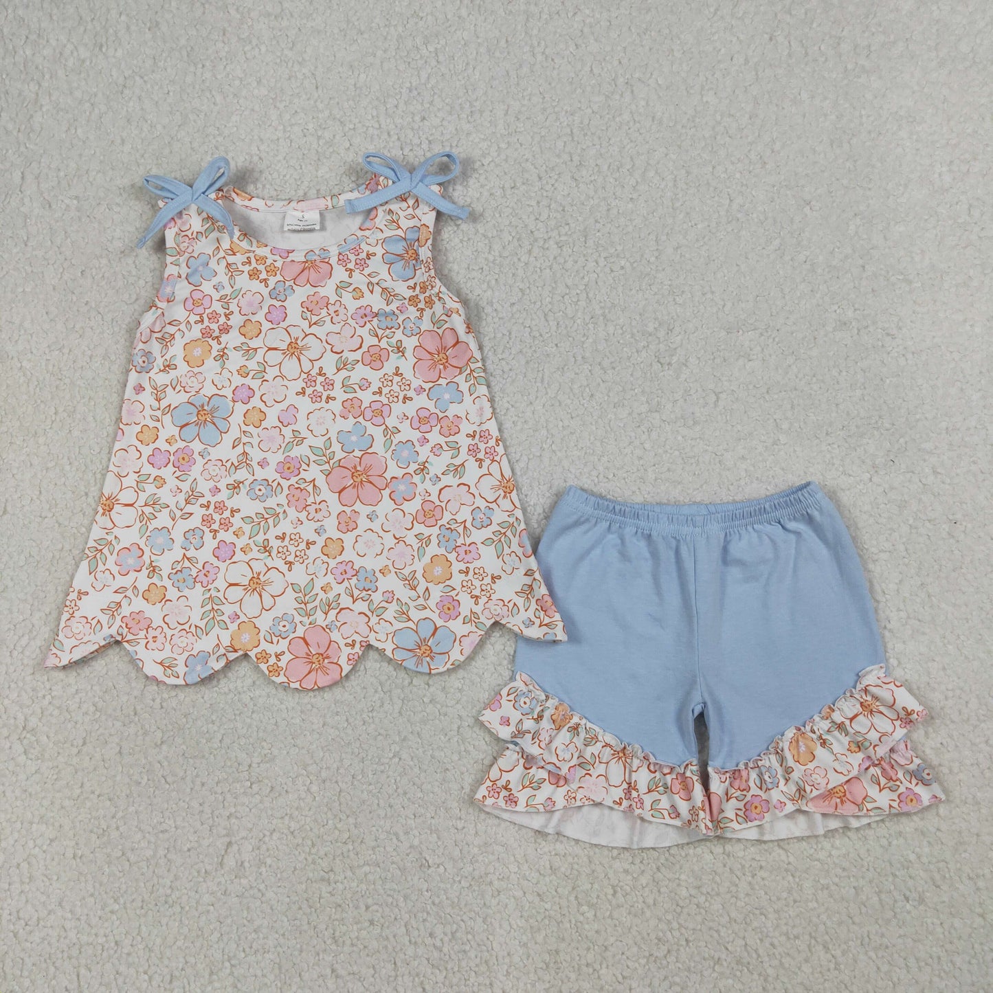 RTS NO MOQ GSSO3393 Baby Girls Sleeveless Colorful Flowers Scallop Tunic Ruffle Shorts Outfit Set