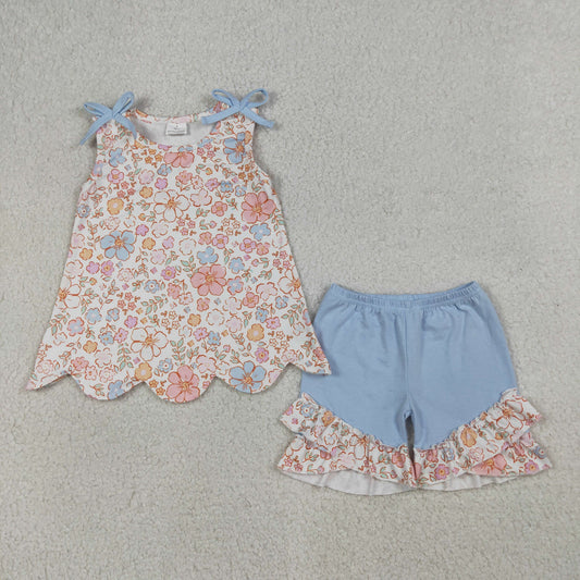 RTS NO MOQ GSSO3393 Baby Girls Sleeveless Colorful Flowers Scallop Tunic Ruffle Shorts Outfit Set